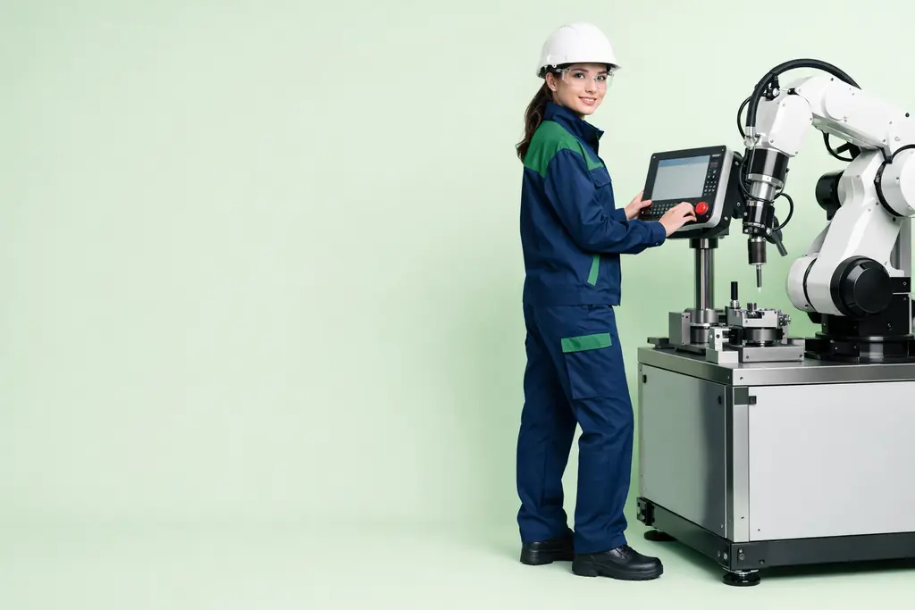 Opératrice industrielle pilotant une machine robotisée