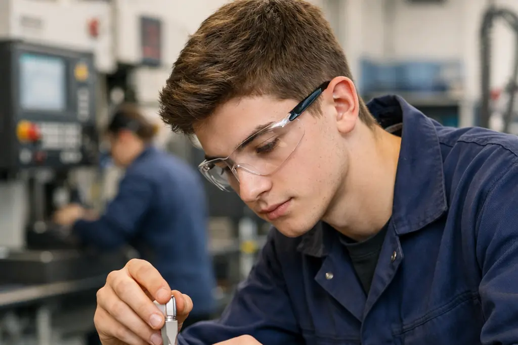 Apprenti réalisant un contrôle dimensionnel à l'établi