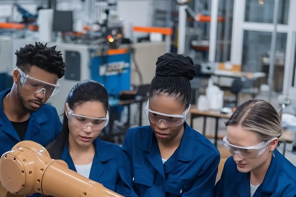 Techniciens programmant un robot industriel