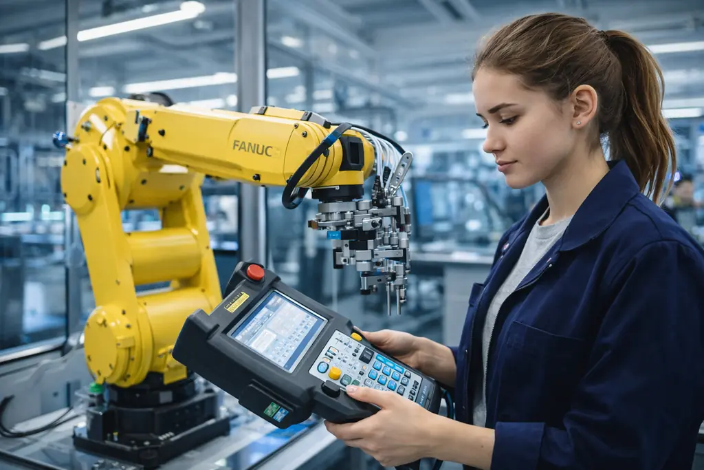Apprentie pilotant un robot industriel sur un plateau technique