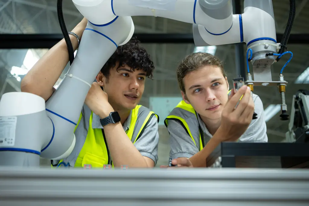 Apprentis en formation sur des robots collaboratifs