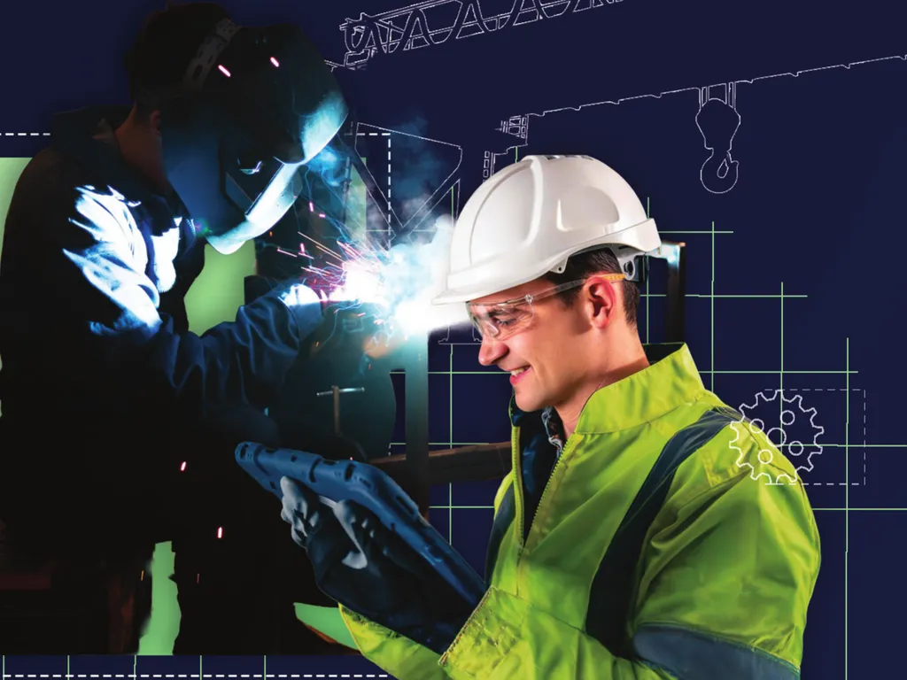Soudeur en action et technicien en casque de chantier consultant une tablette dans un atelier industriel